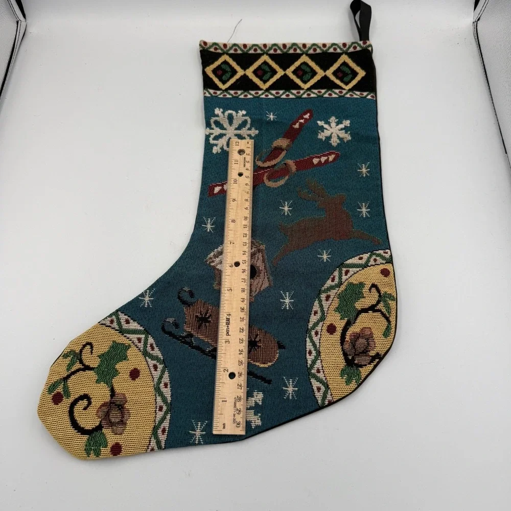 Vintage Tapestry Christmas Stocking Teal Reindeer Skis Sled Winter Scene Woven